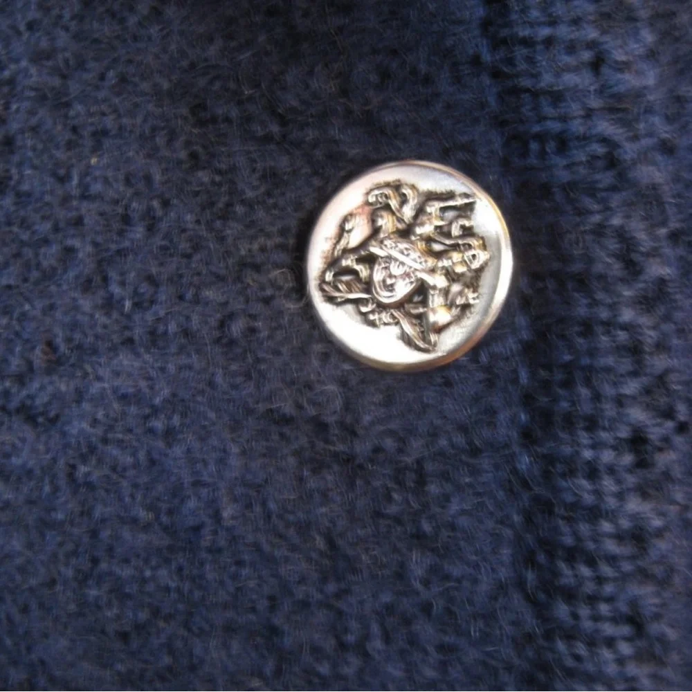 Boiled Wool Cardigan Sweater / Vtg / Skyr Navy Wool Cardigan with pink rose - Picture 3 of 6